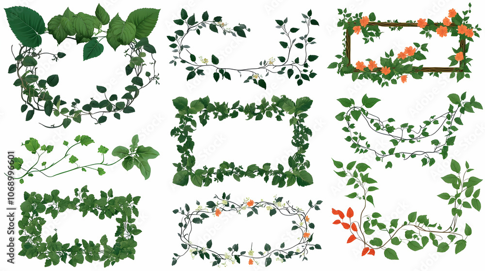 Set of 10 floral frames with green leaves and flowers isolated on white background. Set of 10 floral frames with green leaves and flowers isolated on white background.