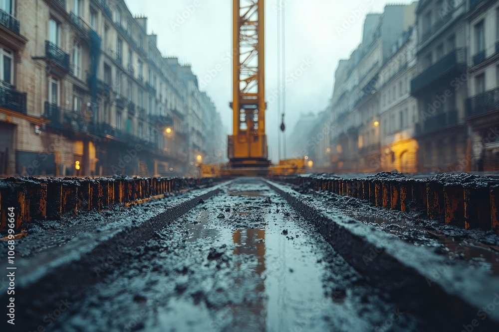 Fototapeta premium Wet Road Surface with Blurred Cityscape and Crane in Background