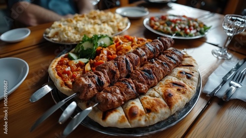 Turkish family dinner with dishes like kebabs, mezes, and pide photo