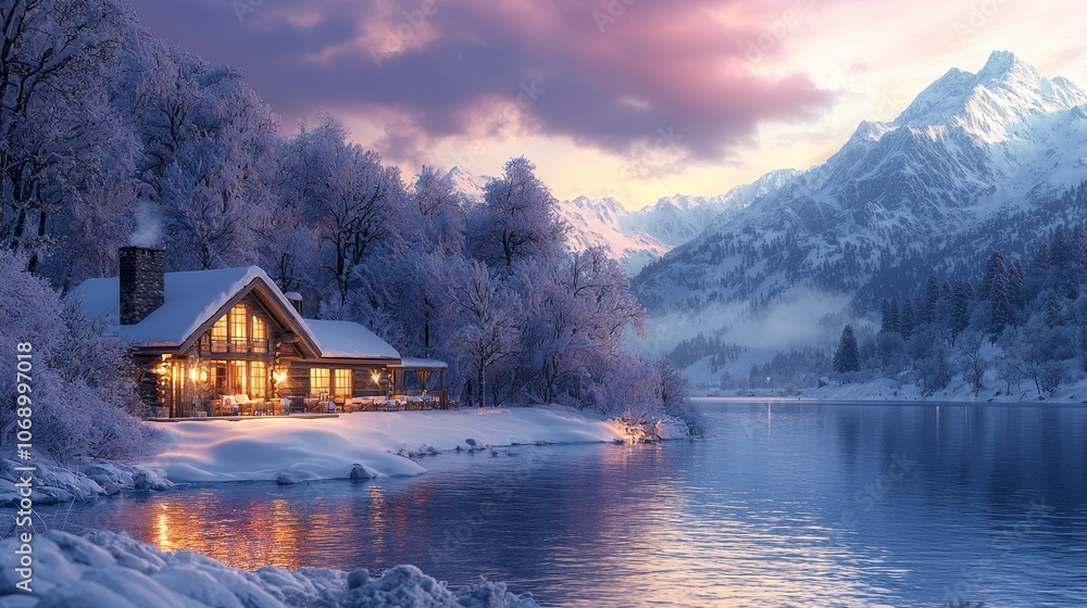Fototapeta premium Discover the tranquility of a snow-covered cabin by the serene mountain lake at dusk