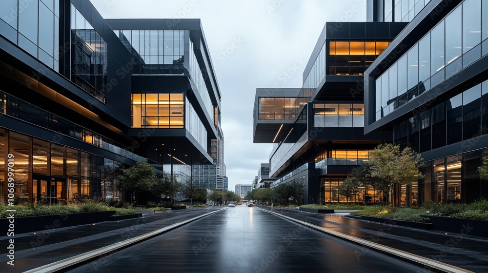Modern office buildings with glass facades and warm interior lighting line a wet city street under a cloudy sky, creating a sleek urban scene. Modern office buildings with glass facades and warm interior lighting line a wet city street under a cloudy sky, creating a sleek urban scene.