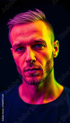 Portrait of a man painted in fluorescent UV colors isolated with white shades, png