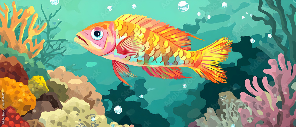 Vibrant orange and yellow fish swims in a coral reef with blue water and bubbles. Vibrant orange and yellow fish swims in a coral reef with blue water and bubbles.