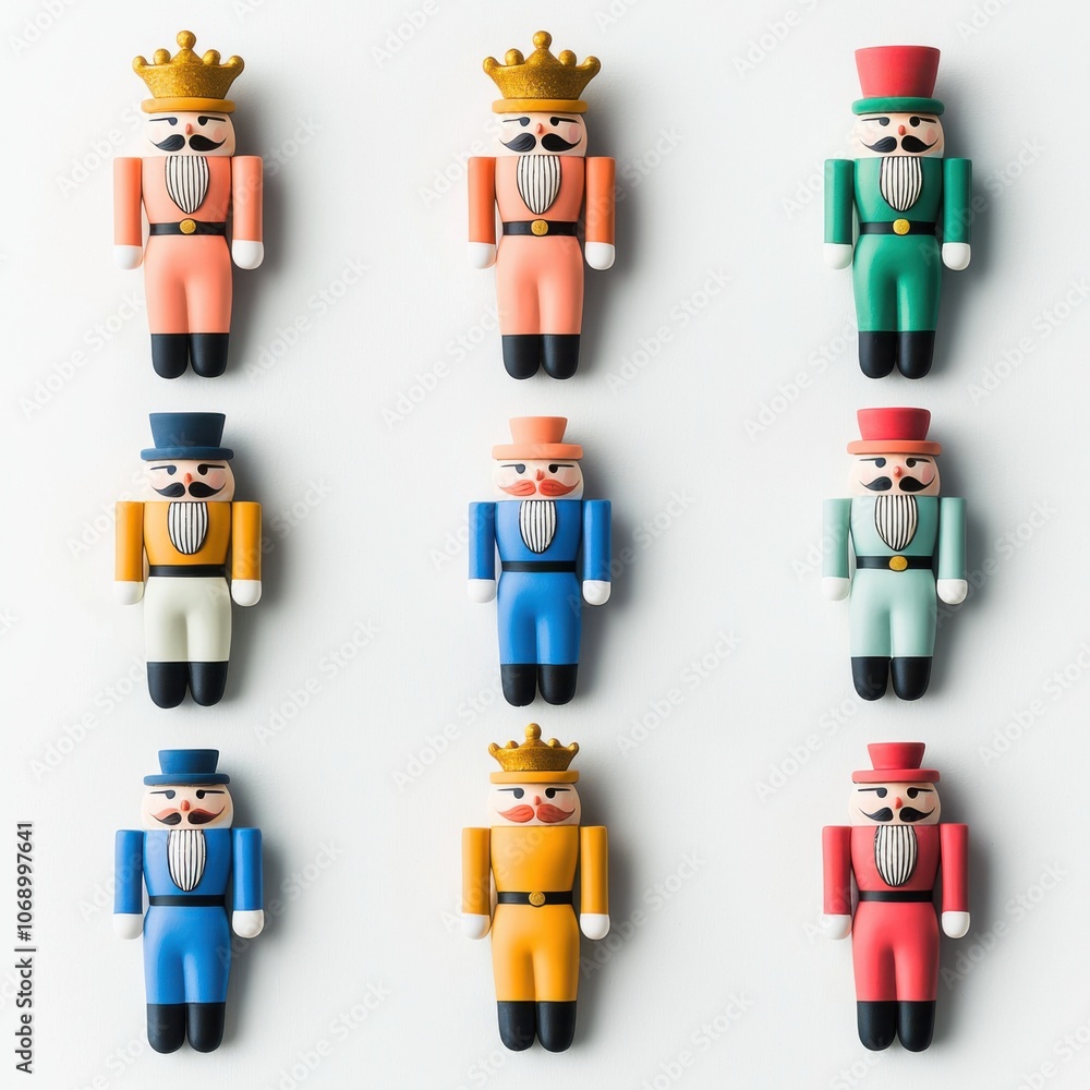 Fototapeta premium Colorful nutcracker figurines arranged in a grid, showcasing various designs and vibrant colors, perfect for holiday decor.