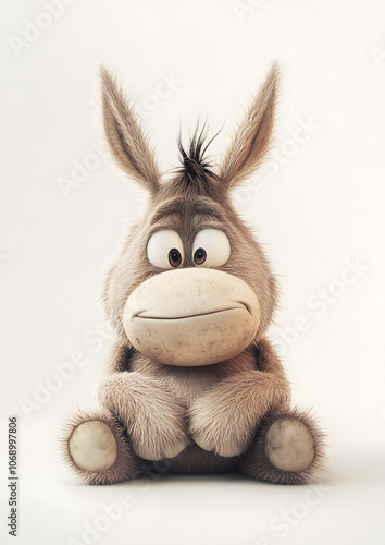 A cute, fluffy donkey with a dopey expression sitting on the floor.  photo