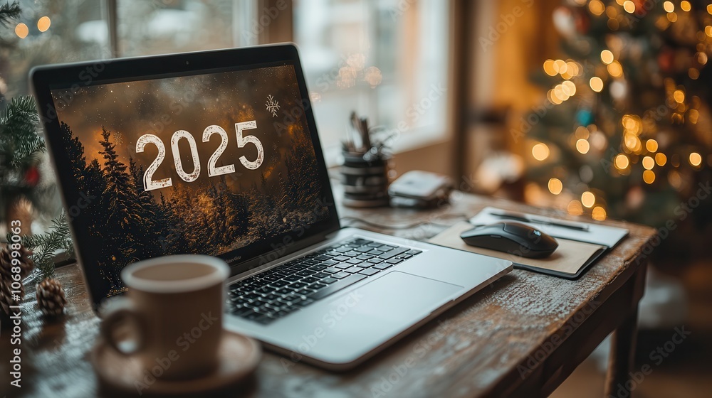 Cozy Workspace with Laptop and New Year Theme 2025 Cozy Workspace with Laptop and New Year Theme 2025
