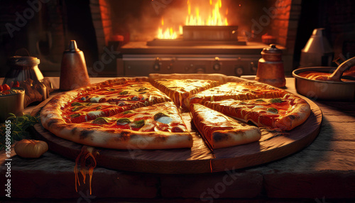 Pepperoni pizza with slice on the dining table in the kitchen.Delicious Italian pizza with mozzarella illustration.Generative Ai.