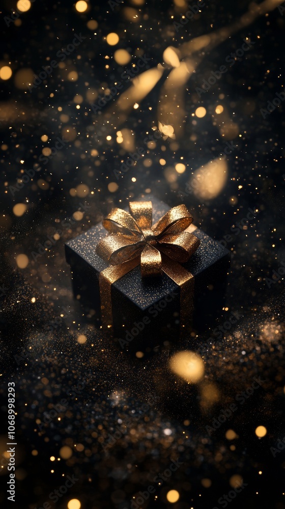 Black gift box with gold ribbon on glitter background illuminating magical christmas eve Black gift box with gold ribbon on glitter background illuminating magical christmas eve