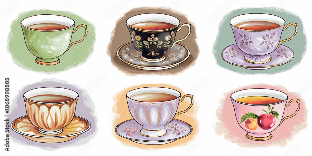 Fototapeta premium Watercolor Illustration of Five Types of Tea Cups