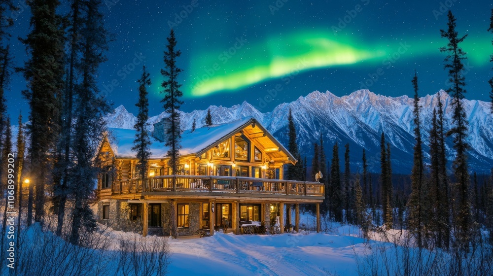 Fototapeta premium Cozy Cabin Under Northern Lights in Winter Landscape
