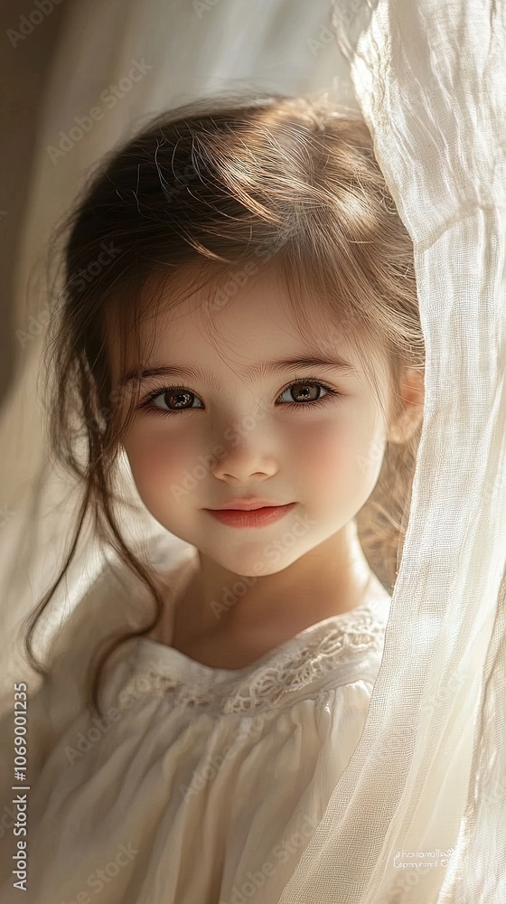 Portrait of a smiling girl with brown hair and eyes posing by the window Portrait of a smiling girl with brown hair and eyes posing by the window