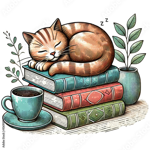 Sleeping orange tabby cat on a stack of books with a coffee cup. Illustration with cozy and cat lover concept.