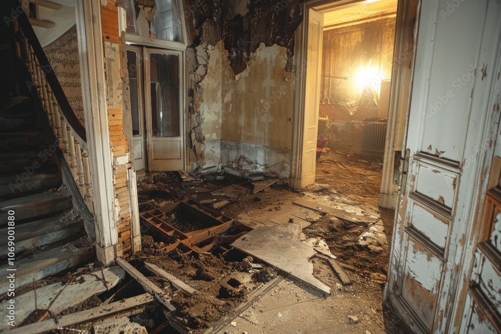 Ruined apartment of deserted hotel, old room with damaged cracked walls, abandoned house. Neural network ai generated art Ruined apartment of deserted hotel, old room with damaged cracked walls, abandoned house. Neural network ai generated art