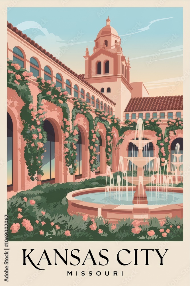 Obraz premium Vintage Travel Poster of Kansas City, Missouri: Charming Arches, Lush Greenery, and Elegant Fountain Showcase the Cityâ€™s Historic Beauty and Culture