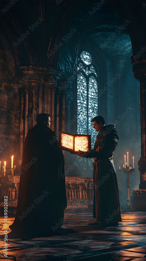 A medieval royal court scene features a king and an advisor exchanging a glowing book, surrounded by candles and gothic architecture, evoking mystery and intrigue A medieval royal court scene features a king and an advisor exchanging a glowing book, surrounded by candles and gothic architecture, evoking mystery and intrigue