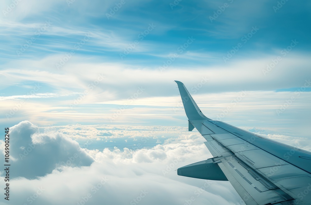 Airplane Wing Above Clouds in Serene Sky Airplane Wing Above Clouds in Serene Sky
