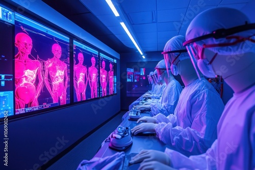 A row of scientists in white lab coats and face masks work at computer consoles in a futuristic lab, examining x-ray images of human anatomy. photo