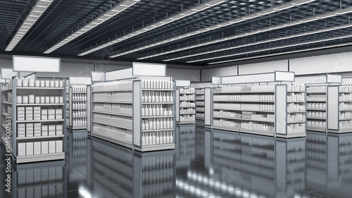 Supermarket interior mockup with shelving of blank goods. 3d illustration