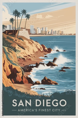 Vintage Travel Poster of San Diego: Stunning Coastal View with Palm Trees and City Skyline, Capturing the Essence of Americas Finest City in Retro Style
