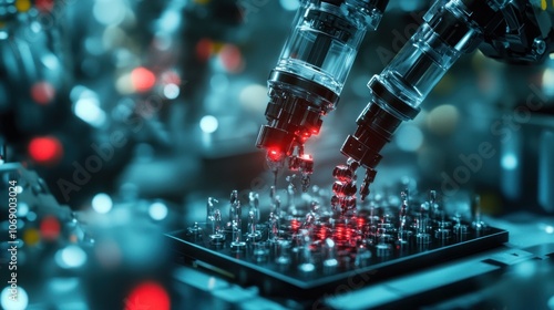 Two robotic arms with red lights working on a circuit board with a blurred background.
