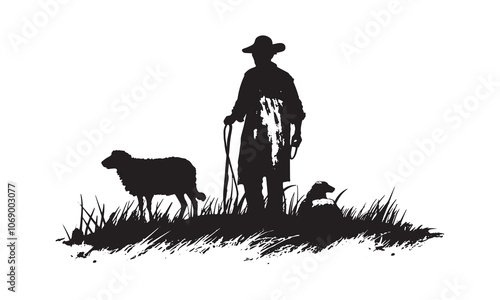Silhouette of shepherd with sheep