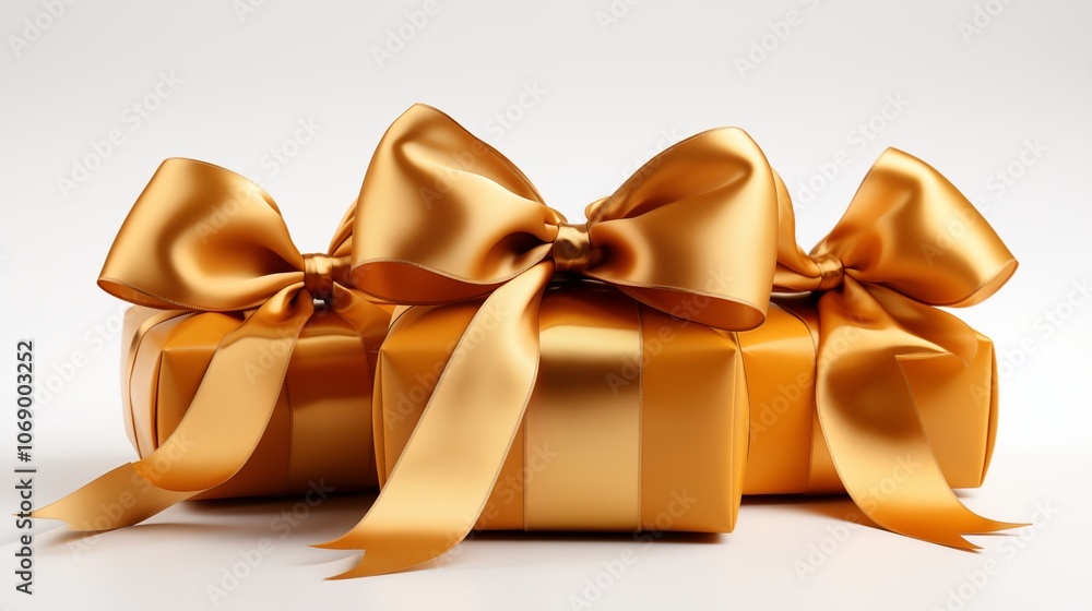 A set of elegant golden bows with gold ribbon, perfect for decorating holiday presents or festive settings. A set of elegant golden bows with gold ribbon, perfect for decorating holiday presents or festive settings.