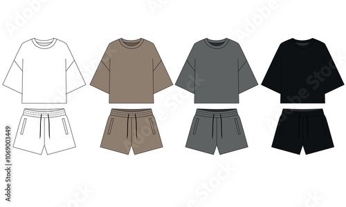 set of clothes. Technical illustration of shorts and short sleeve t-shirt, vector. Set of cotton clothing for sports and leisure. Sketch pajamas white, beige, gray, black color, isolate in on white 