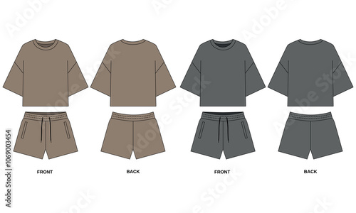 set of clothes for people. Technical sketch of shorts with pockets and short sleeve t-shirt front and back view, vector. Set of casual cotton clothing for sports and leisure. Flat drawing of pajamas 