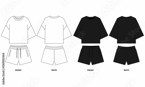 Technical illustration of shorts with pockets and short sleeve t-shirt front and back view. Set of casual cotton clothing for sports and leisure. Sketch pajamas white and black color, isolate  photo