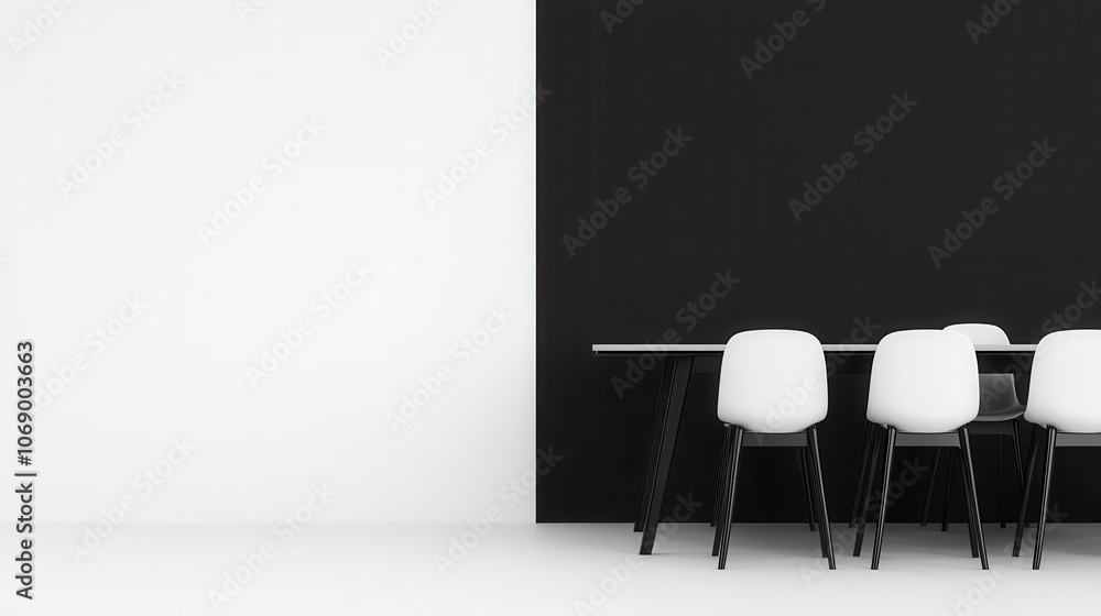 Sleek black and white meeting room, long glass table, minimalist chairs, elegant corporate design Sleek black and white meeting room, long glass table, minimalist chairs, elegant corporate design