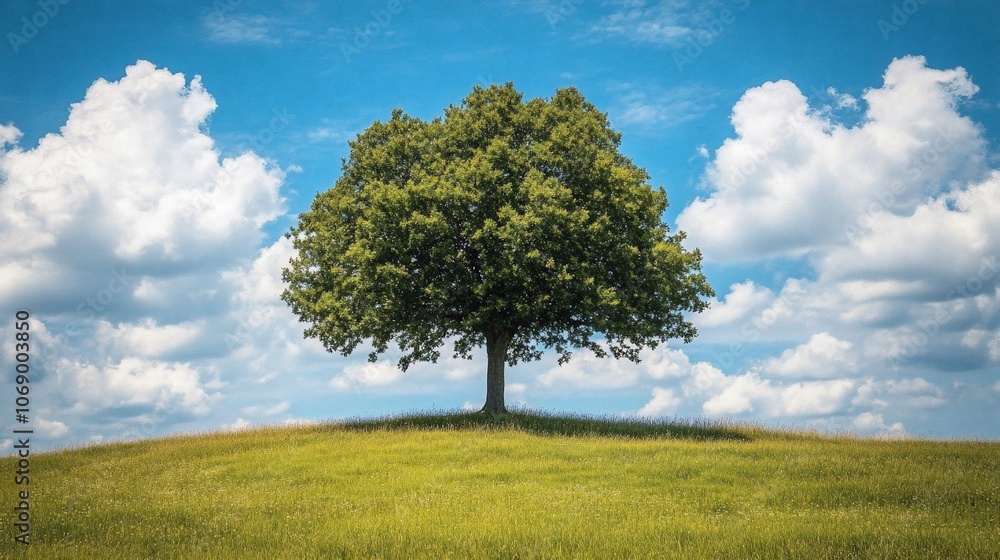 A solitary tree stands tall on a grassy hill against a backdrop of a bright blue sky with fluffy white clouds. A solitary tree stands tall on a grassy hill against a backdrop of a bright blue sky with fluffy white clouds.