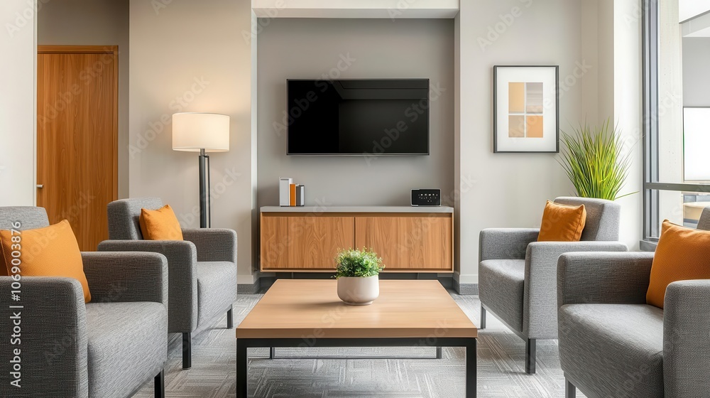 Loungestyle meeting area with plush chairs, coffee table, and video conferencing setup, relaxed and techenabled Loungestyle meeting area with plush chairs, coffee table, and video conferencing setup, relaxed and techenabled
