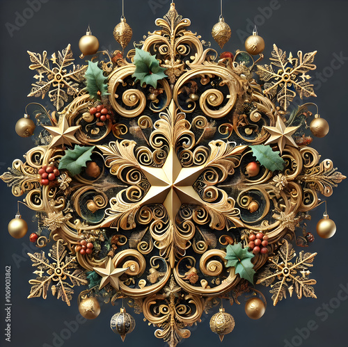 Kunstvoll verzierter Weihnachtsstern aus goldenen Ornamenten, Stechpalmenblättern und weihnachtlichen Symbolen, festliche Dekoration in luxuriösem Design photo