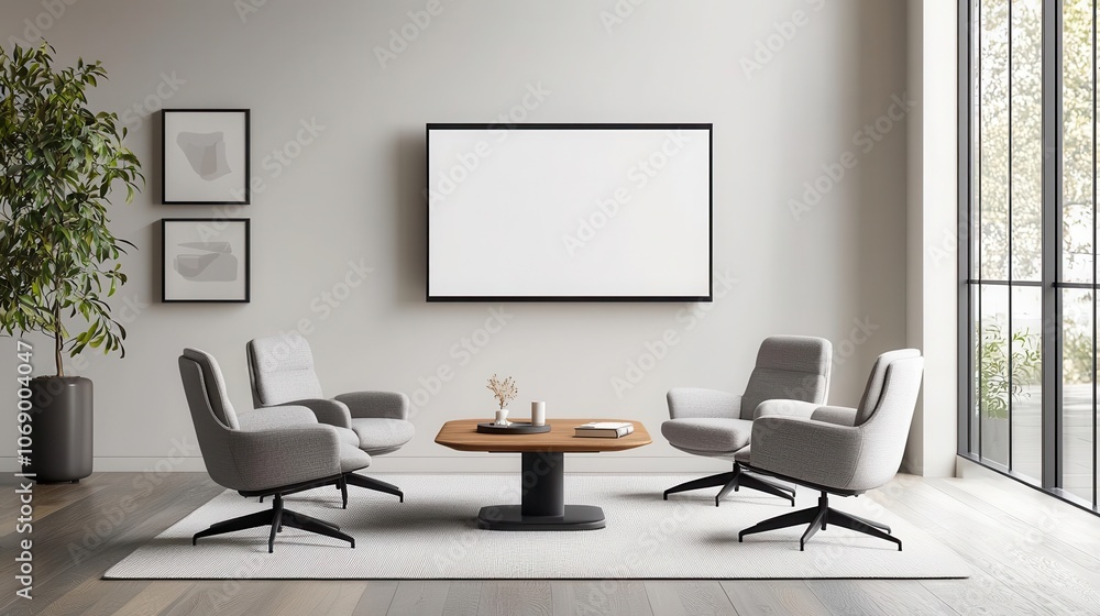 Loungestyle meeting area with plush chairs, coffee table, and video conferencing setup, relaxed and techenabled Loungestyle meeting area with plush chairs, coffee table, and video conferencing setup, relaxed and techenabled
