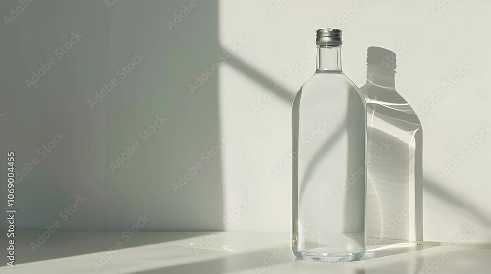 Clean modern water bottle with safety cap and half-filled with clear water on white background, symbolizing hydration and drinking safety, ample copy space for text overlay. Clean modern water bottle with safety cap and half-filled with clear water on white background, symbolizing hydration and drinking safety, ample copy space for text overlay.