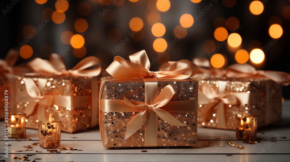 Peachy gift boxes with golden lights, bringing a festive and warm holiday feel. Ideal for seasonal greetings and celebratory backgrounds. Peachy gift boxes with golden lights, bringing a festive and warm holiday feel. Ideal for seasonal greetings and celebratory backgrounds.