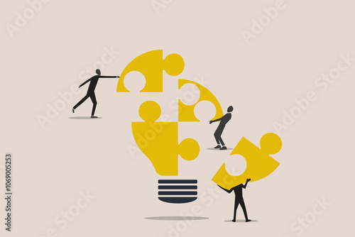 Team members partner connect lightbulb jigsaw puzzle together. concepet of Teamwork or partnership for business success, innovation or creativity to solve problem, brainstorm or connect idea