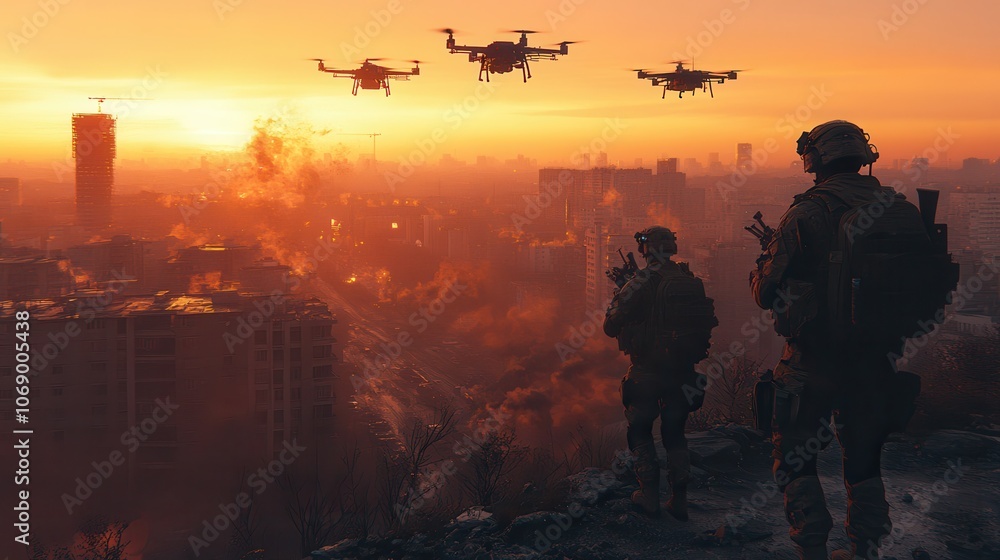 Fototapeta premium Soldiers Observing Drones in Urban Sunset Scene