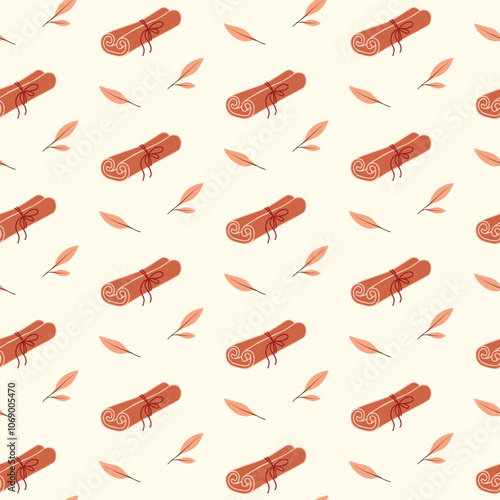 Seamless pattern with Christmas cinnamon sticks and leaves, on isolated background. Hand drawn design for Winter, Christmas and New Year celebration, holiday greetings, paper crafts, home decor.