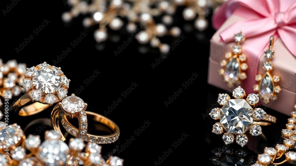 Fototapeta premium Various sparkling jewels arranged neatly on a sleek grey background, adornments, sparkly