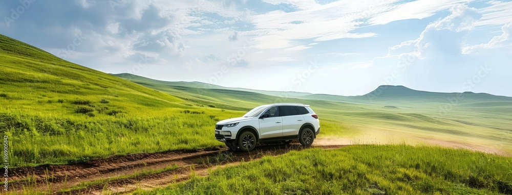 Off-Road SUV Driving Through Green Hills Off-Road SUV Driving Through Green Hills