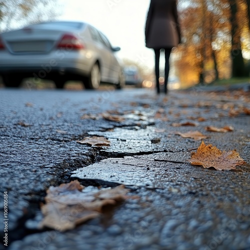 Autumn Street Scene with Fallen Leaves and Soft Light