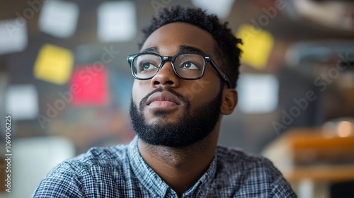 A young African American man with a beard wearing glasses looks up thoughtfully, with colorful sticky notes in the background.