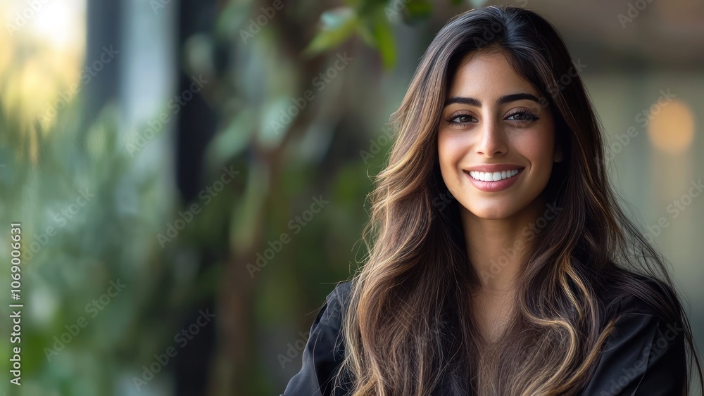 A smiling woman with long hair stands in a natural setting, exuding confidence and warmth. A smiling woman with long hair stands in a natural setting, exuding confidence and warmth.