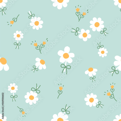 Seamless pattern of daisy flower with ribbon bows on green background vector. 