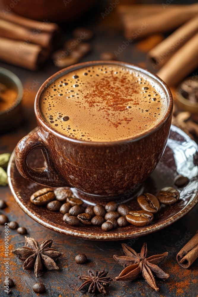 Warm cup of spiced coffee with aromatic ingredients in a cozy setting Warm cup of spiced coffee with aromatic ingredients in a cozy setting
