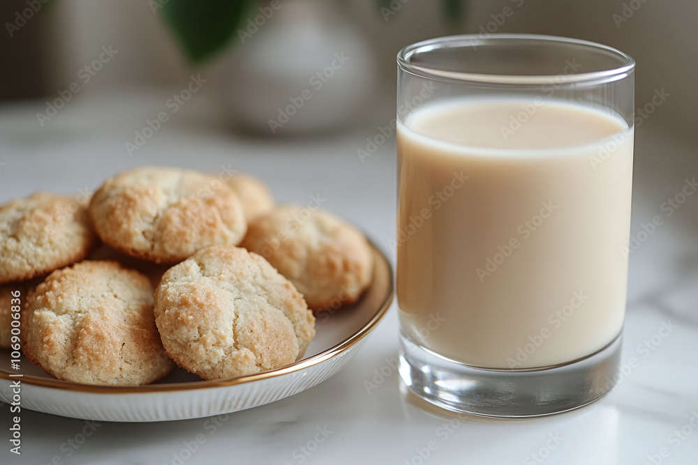 a glass of soy milk next to a plate of vegan cookies. a glass of soy milk next to a plate of vegan cookies.