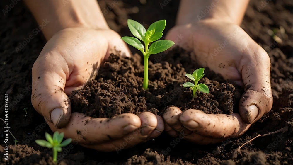 Close-up of hands gently holding soil with a small plant sprout, symbolizing growth, hope, and a commitment to the environment—a powerful concept of sustainability.