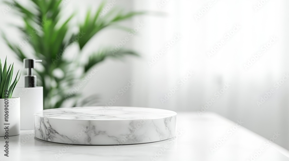 Marble tabletop in bright bathroom, out-of-focus background, potted plant, natural lighting, elegant decor, product showcase scene Marble tabletop in bright bathroom, out-of-focus background, potted plant, natural lighting, elegant decor, product showcase scene