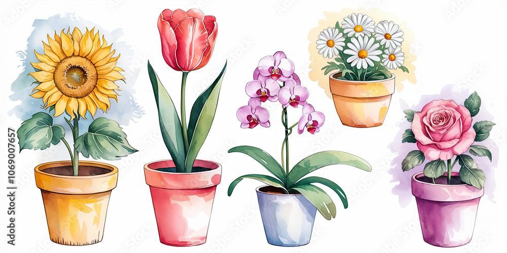 Obraz premium Watercolor Illustration with Five Pots of Flowers